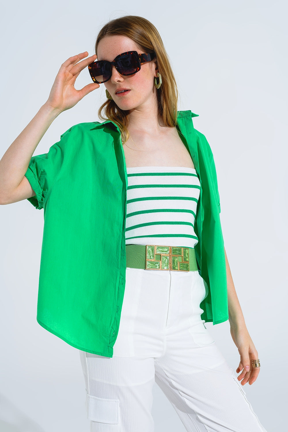 Camisa de manga curta com botões descontraída em verde