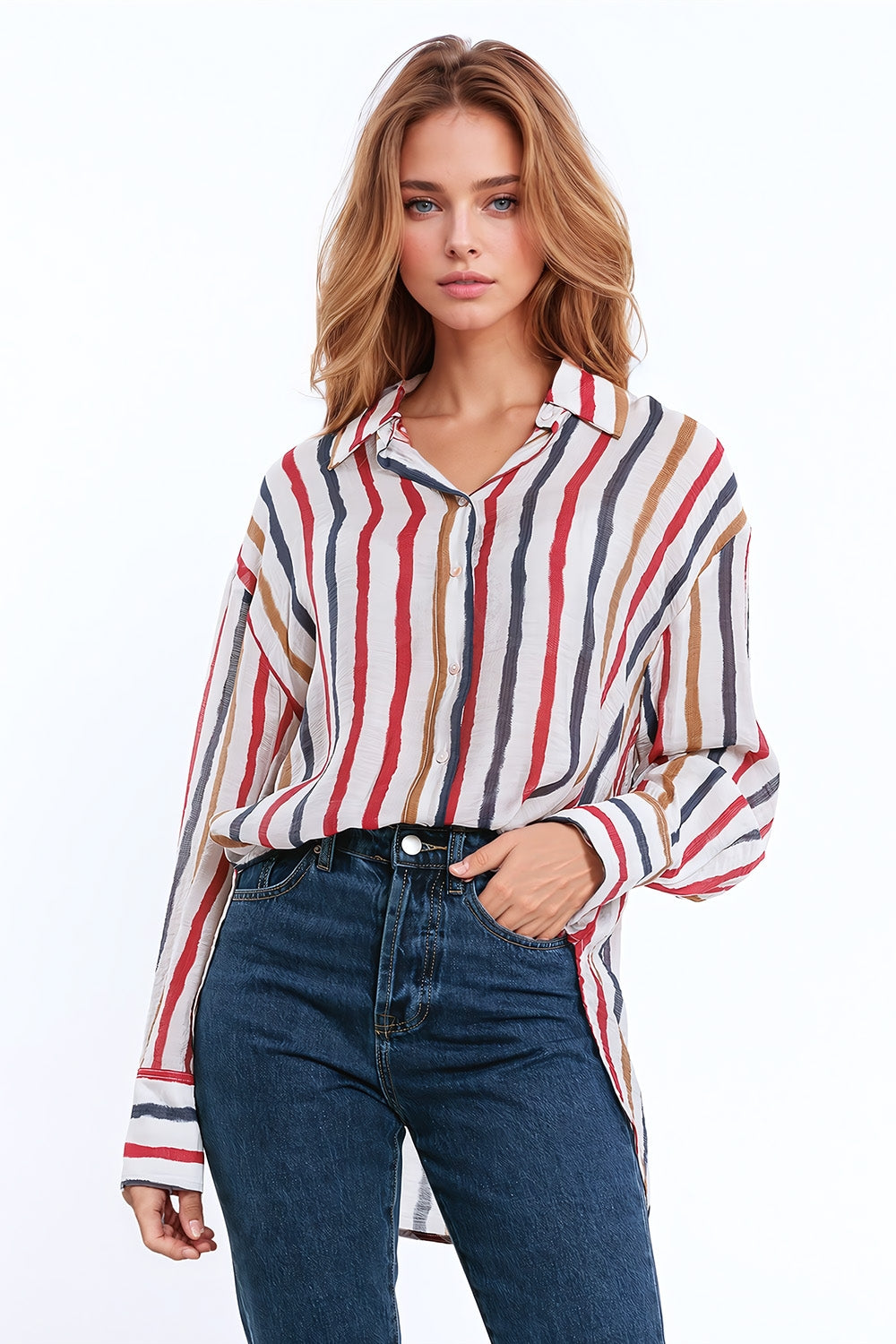 Camisa de manga comprida em chiffon com riscas multicoloridas vermelho e azul-marinho