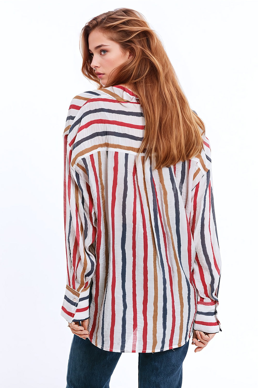 Camisa de manga comprida em chiffon com riscas multicoloridas vermelho e azul-marinho