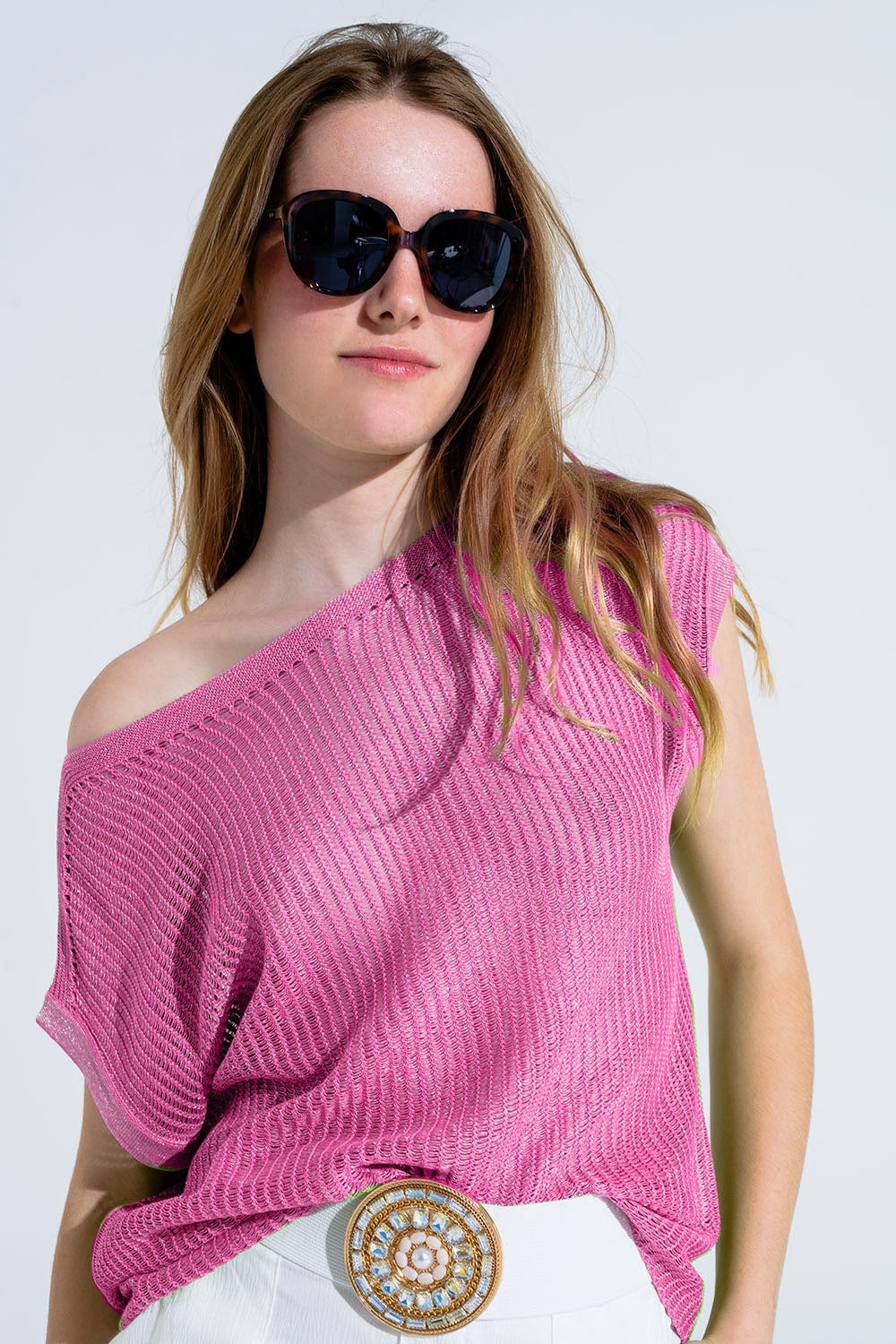 Camisola com gola redonda e mangas compridas em cor-de-rosa
