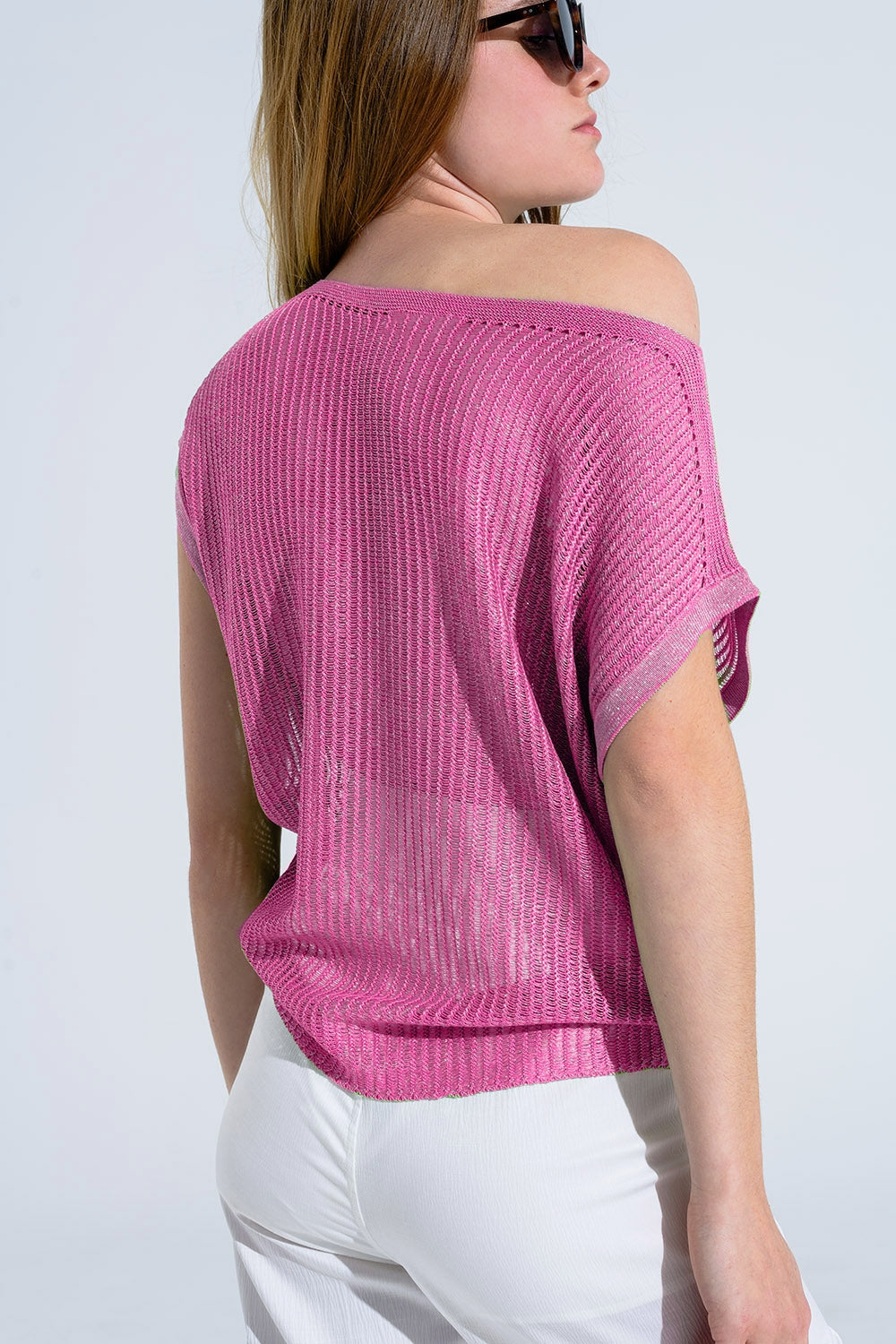 Camisola com gola redonda e mangas compridas em cor-de-rosa