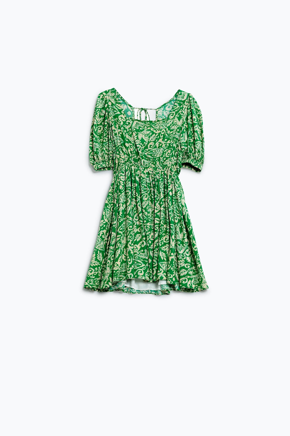 vestido curto com estampado floral e costas franzidas em verde