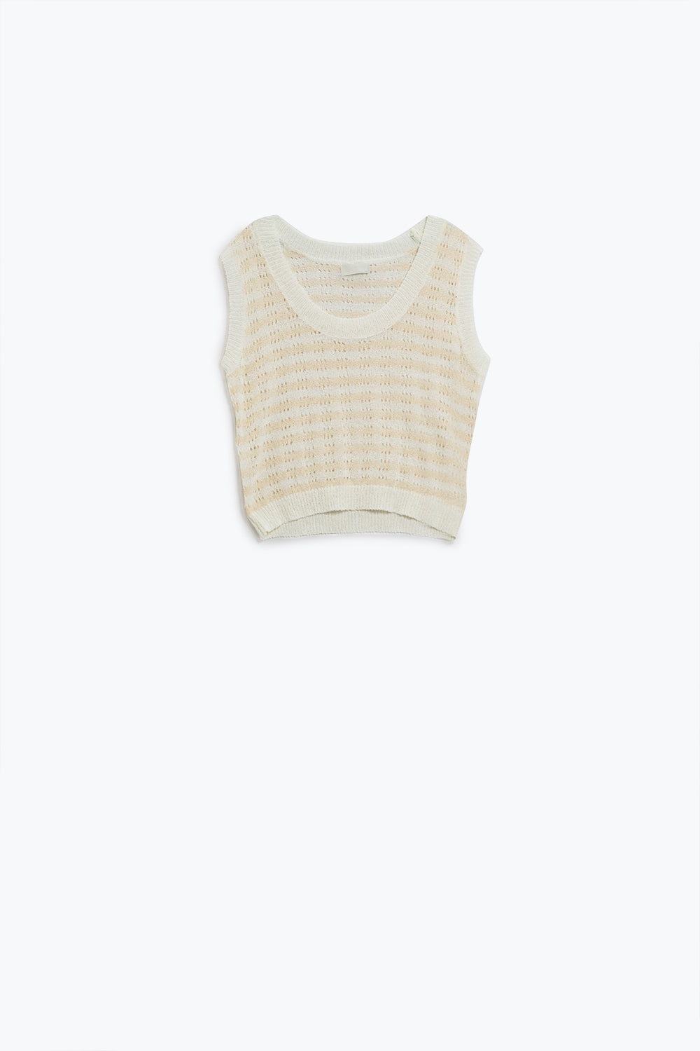 Camisola de malha aberta com corte às riscas e sem mangas em cream e branco