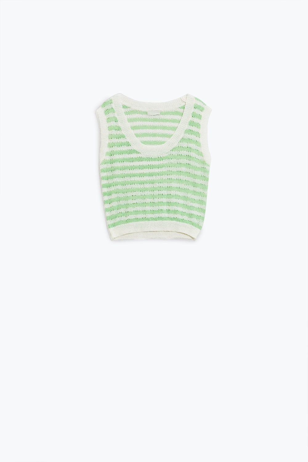 Camisola de malha aberta com corte às riscas e sem mangas em verde e branco