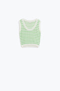 Camisola de malha aberta com corte às riscas e sem mangas em verde e branco