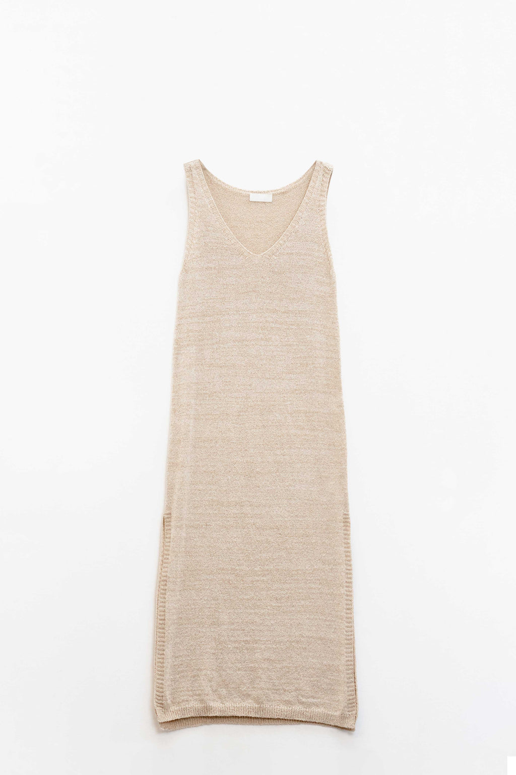 Vestido Maxi Bege Sem Mangas Com Fenda Lateral
