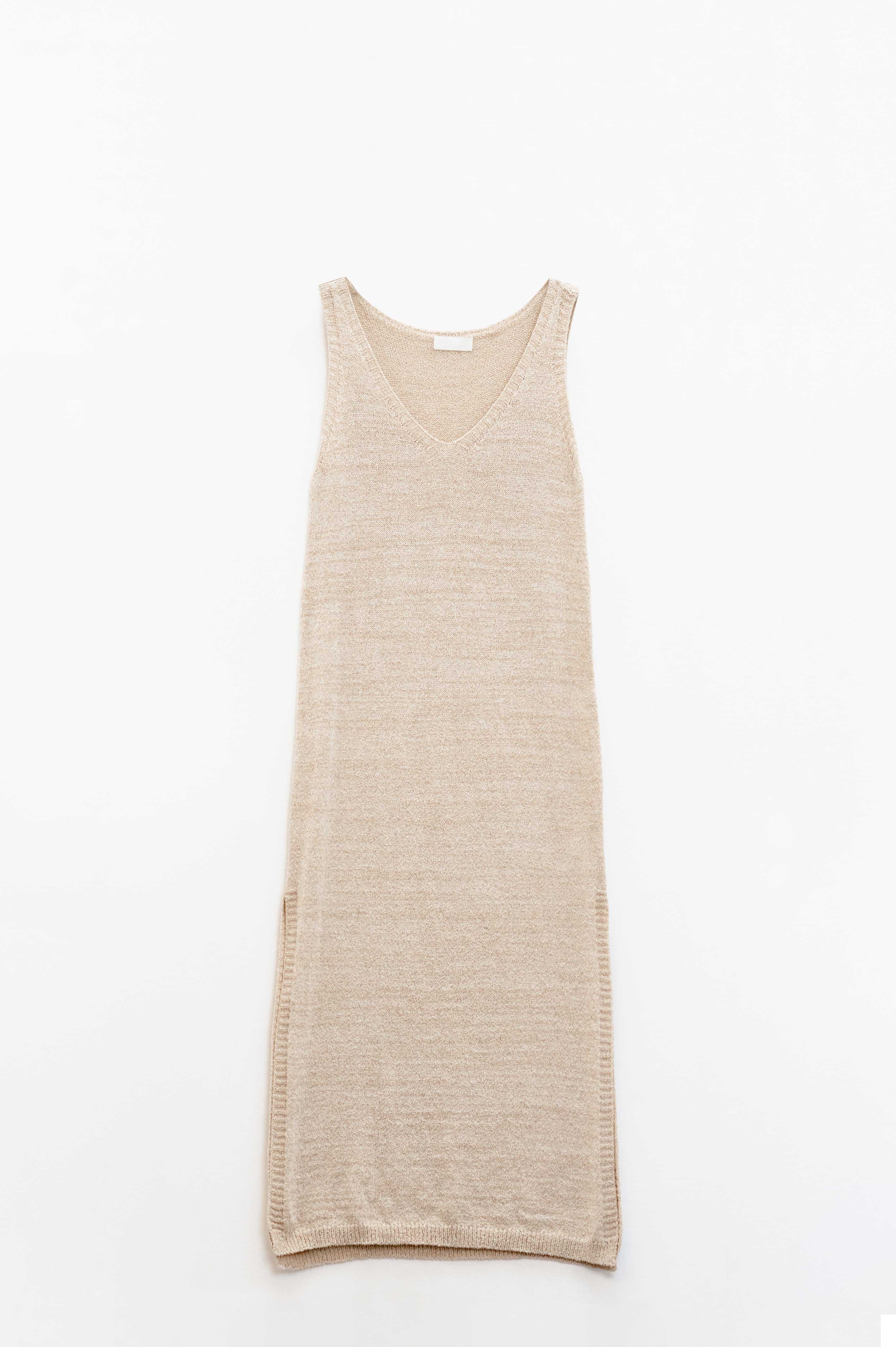 Vestido Maxi Bege Sem Mangas Com Fenda Lateral