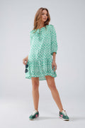 Vestido curto com pormenores de laço à frente em estampado étnico verde