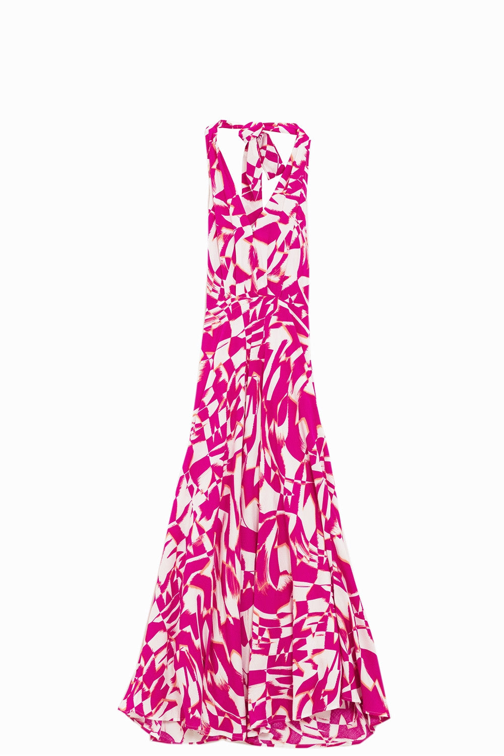 Vestido Midi Halter com cintura subida em estampado abstrato fuchsia e branco