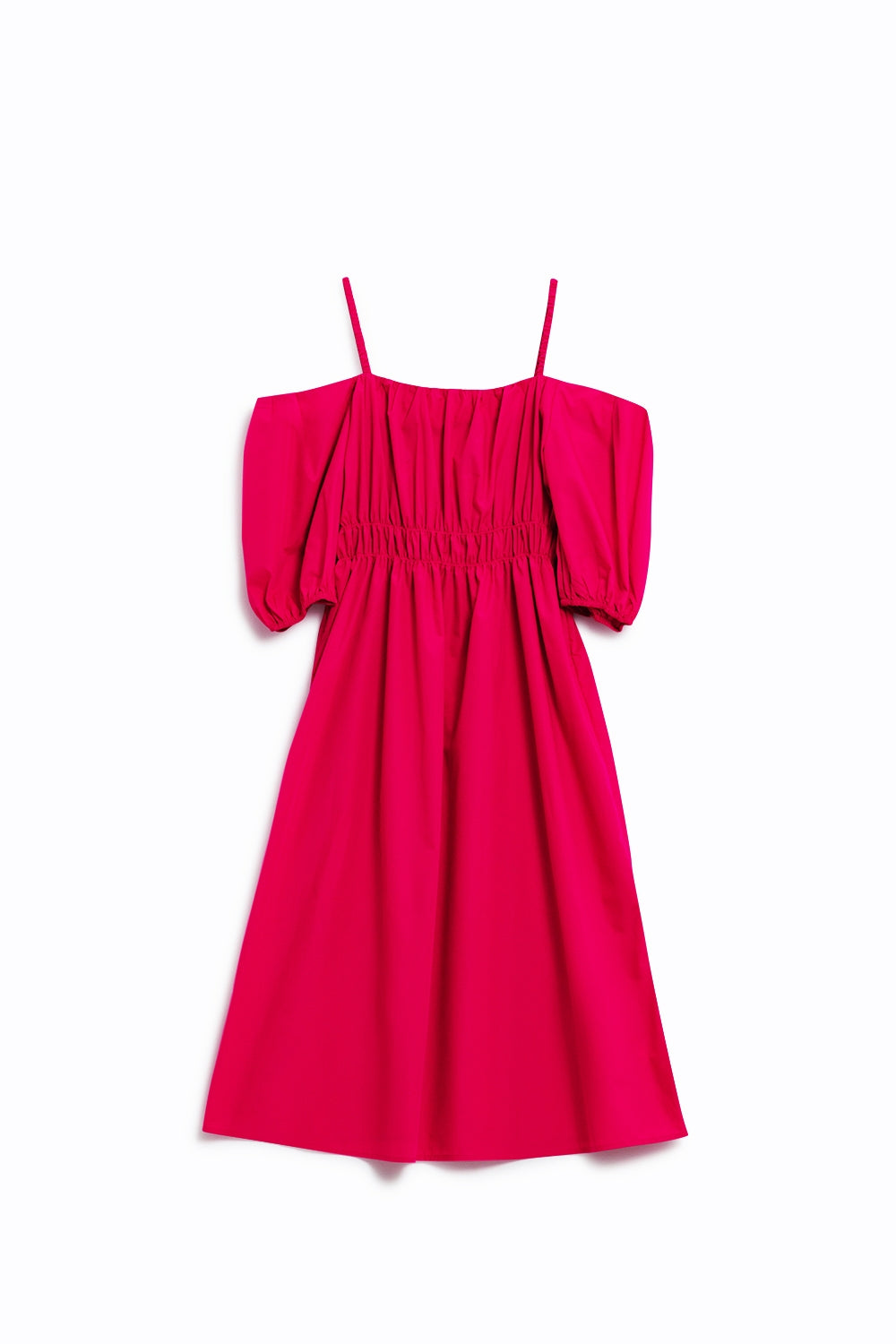 Vestido midi fuchsia com mangas curtas e alças