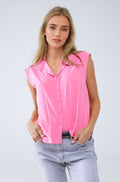 Blusa de gola Mao sem mangas com botões cor-de-rosa