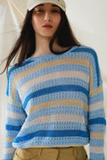 Camisola de manga comprida azul multicolorida com gola de barco