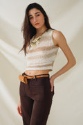 Camisola de malha Tints of Beige sem mangas com riscas e decote em gola redonda
