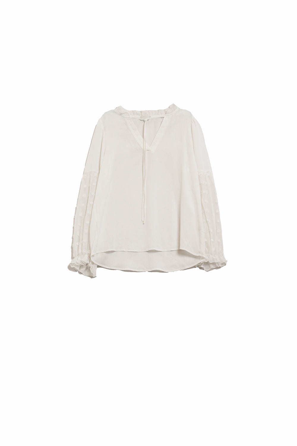 Blusa branca com pintas em manga comprida com decote em V