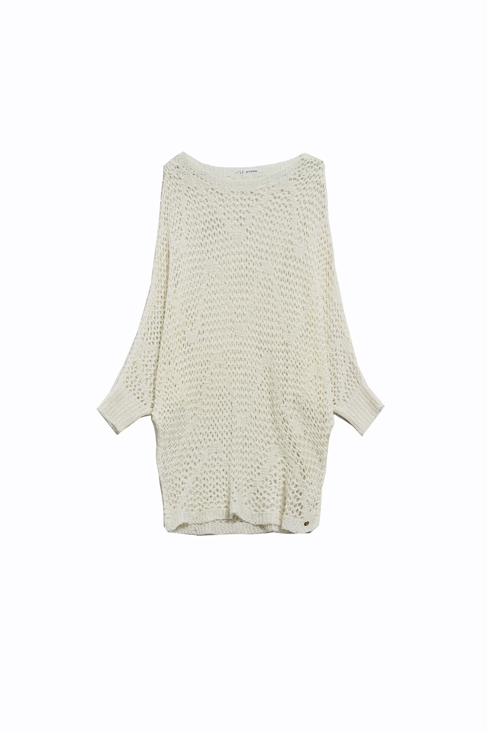 Camisola comprida de croché em creme com desenho de asa de morcego