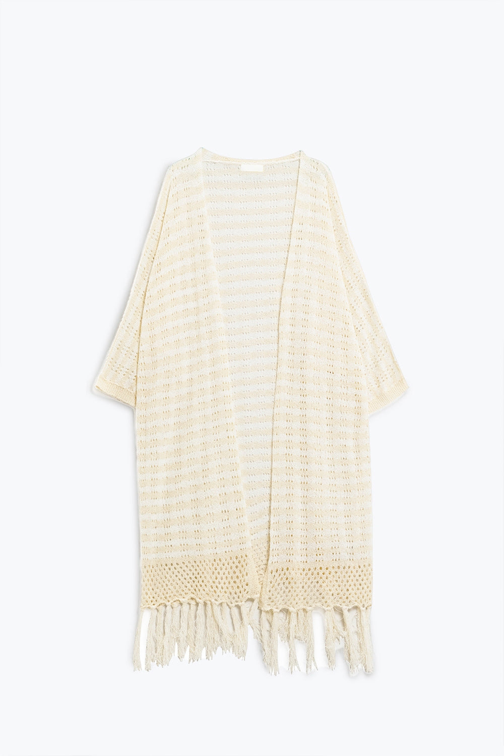 Casaco de malha estilo Boho bege com riscas e pormenores de franjas