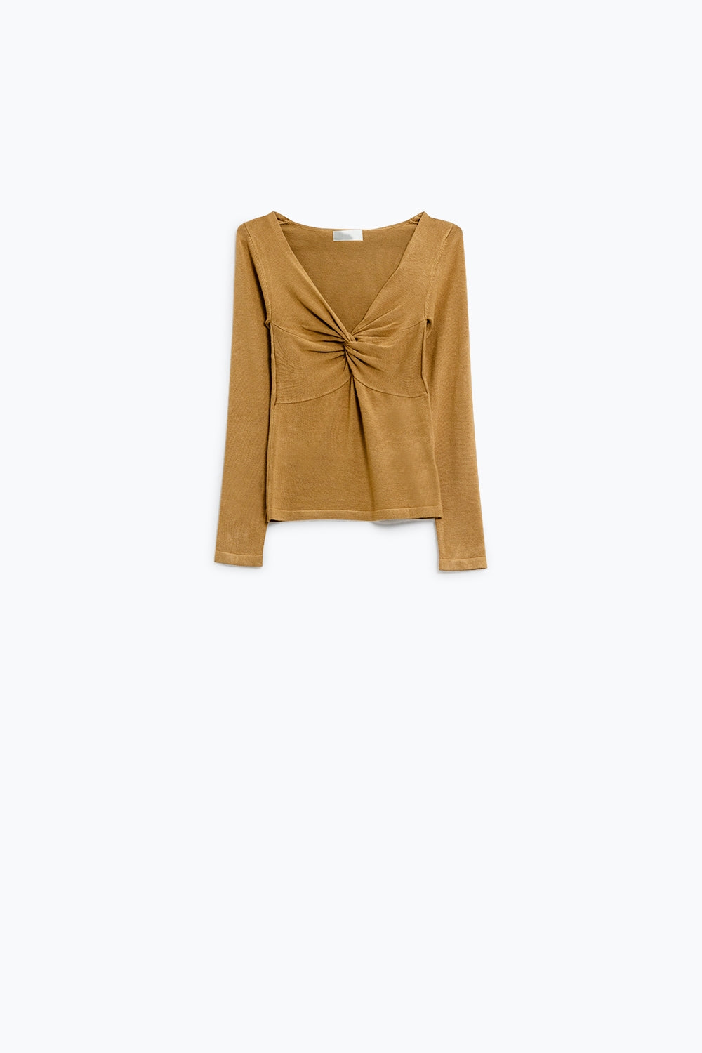 Camisa de manga comprida Beige com pormenor de nó e decote em V