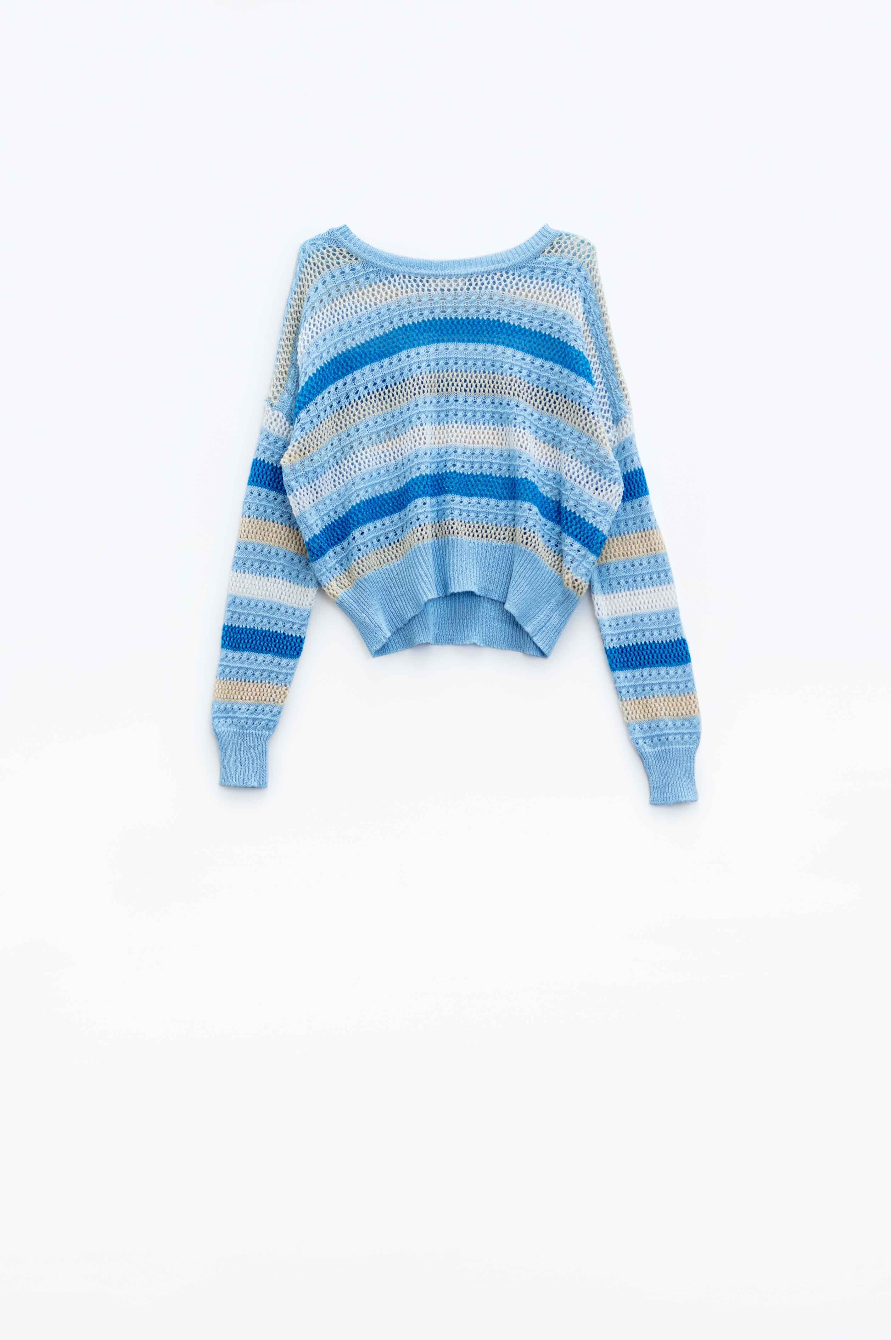 Camisola de manga comprida azul multicolorida com gola de barco