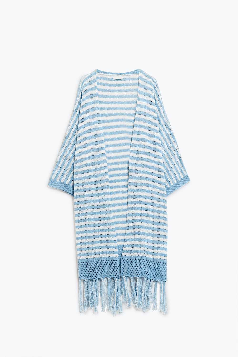 Casaco de malha azul estilo Boho com riscas de malha Pointelle e pormenores de franjas