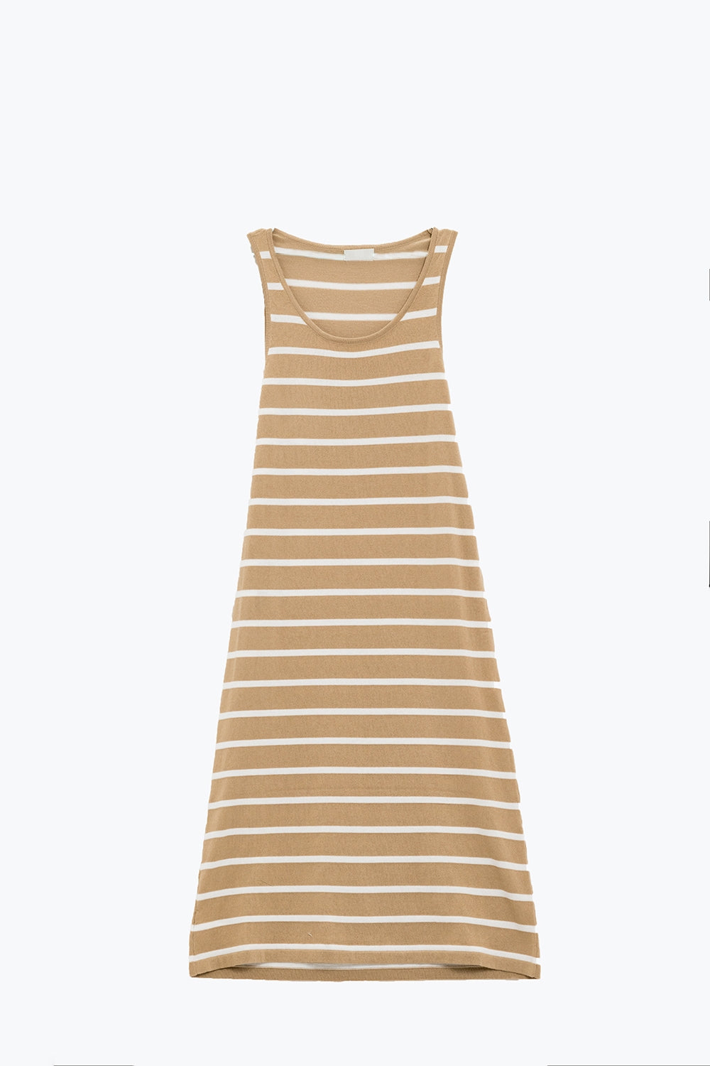 Vestido maxi com gola redonda em beige com riscas brancas