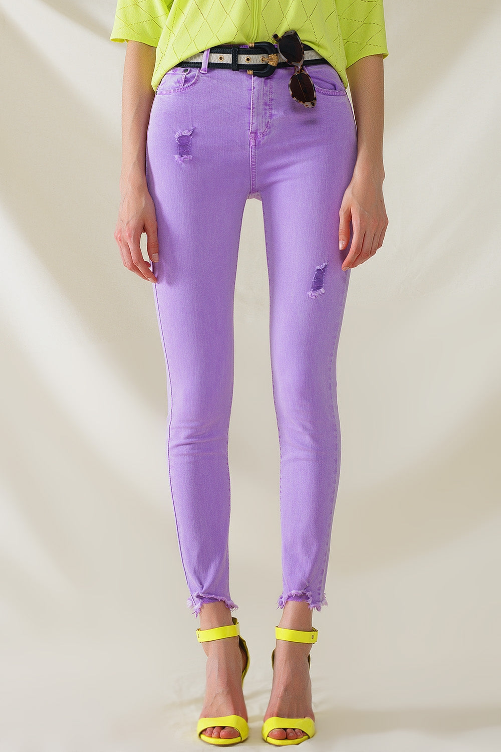 Calças de ganga de cintura alta púrpura e super skinny