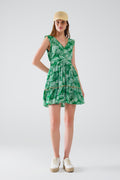 vestido curto verde com estampado de flores boho e pormenor em lurex