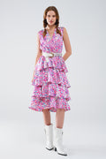 Vestido midi branco com rufos e estampado animal multicolorido