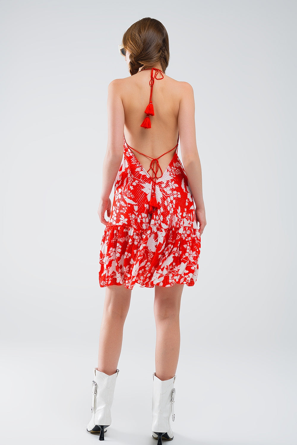 Vestido curto vermelho com estampado de flores Boho em lurex