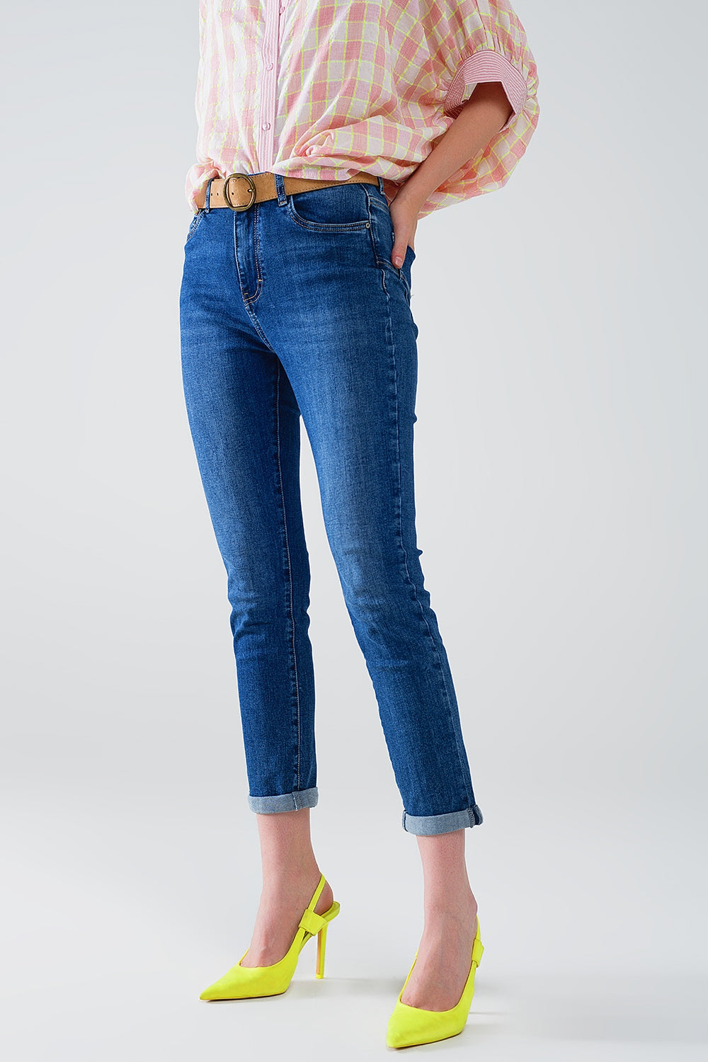Calças de ganga skinny de cintura alta em lavagem escura com cinco bolsos