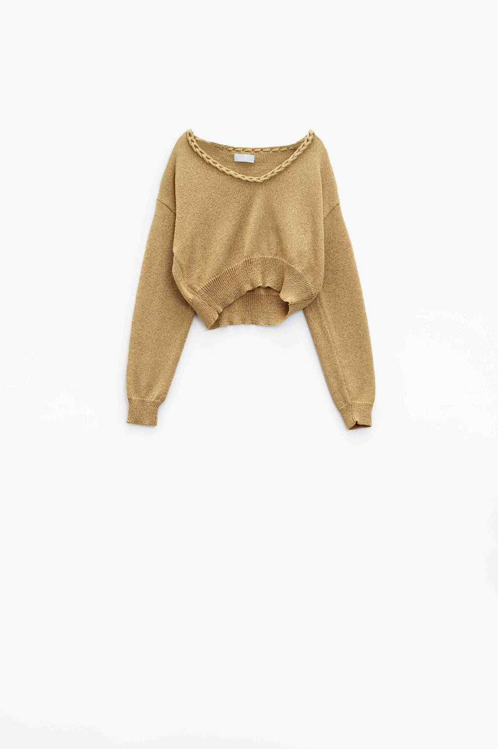 Camisola leve com decote em V largo e pormenores entrançados em dourado