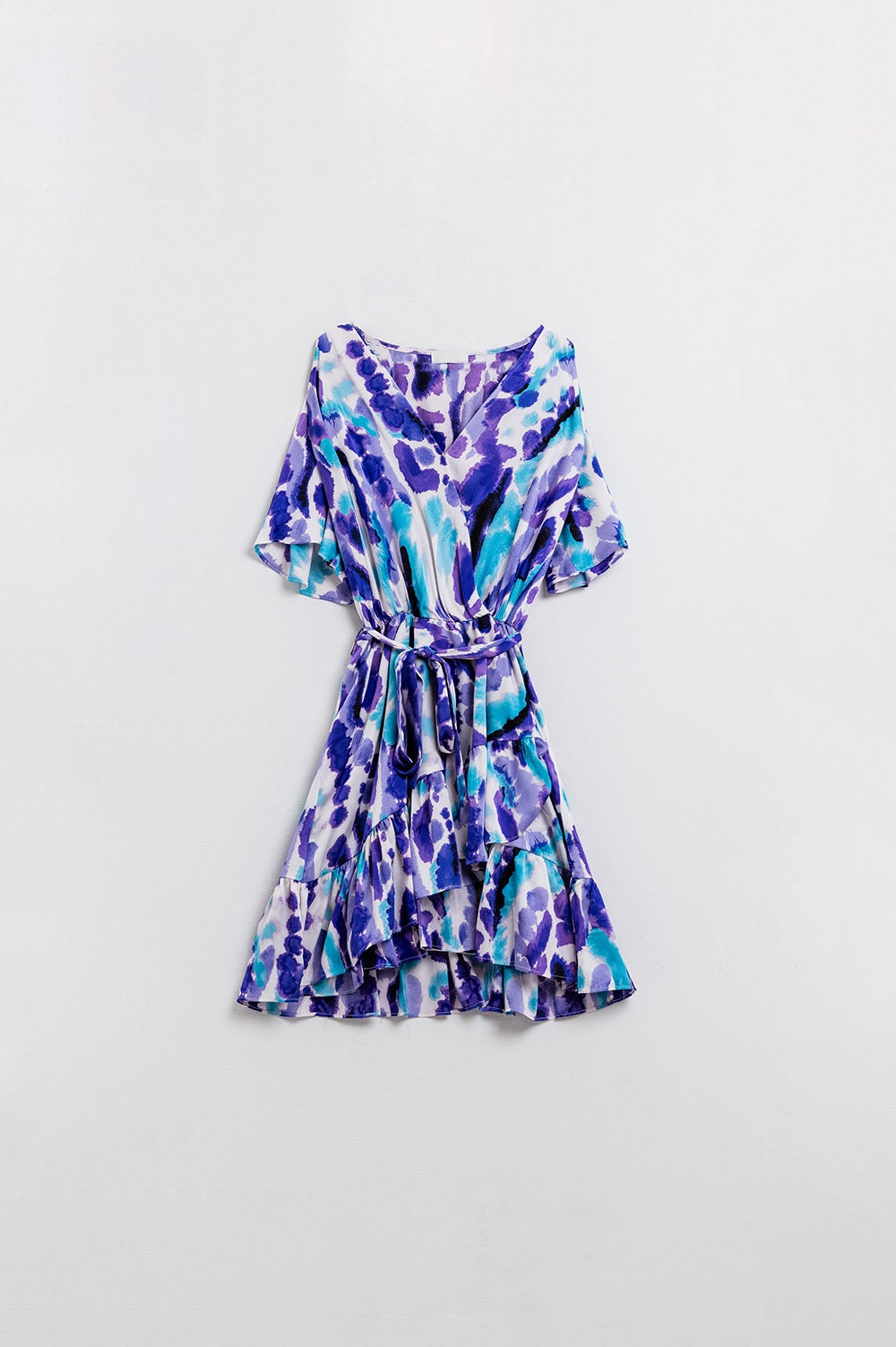 Vestido curto com mangas enroladas em azul e roxo Tie-dye
