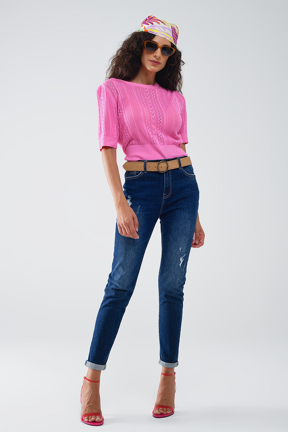 Camisola de malha fúcsia de mangas 3/4 com pormenores de riscas em ziguezague