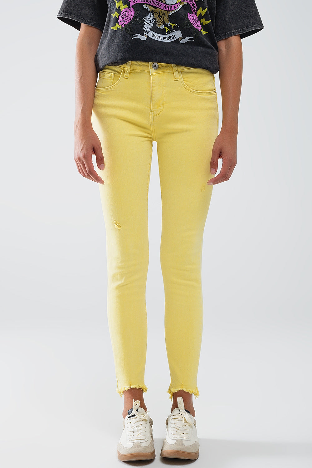 Calças de ganga super skinny Stretch com bainha recortada amarela
