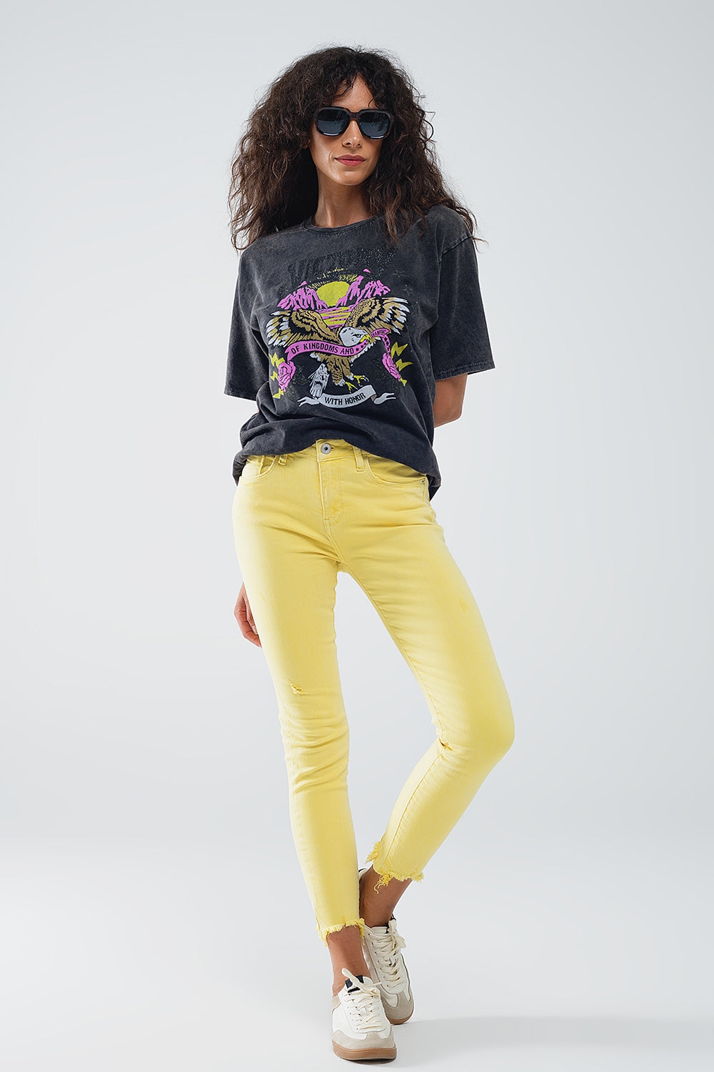 Calças de ganga super skinny Stretch com bainha recortada amarela