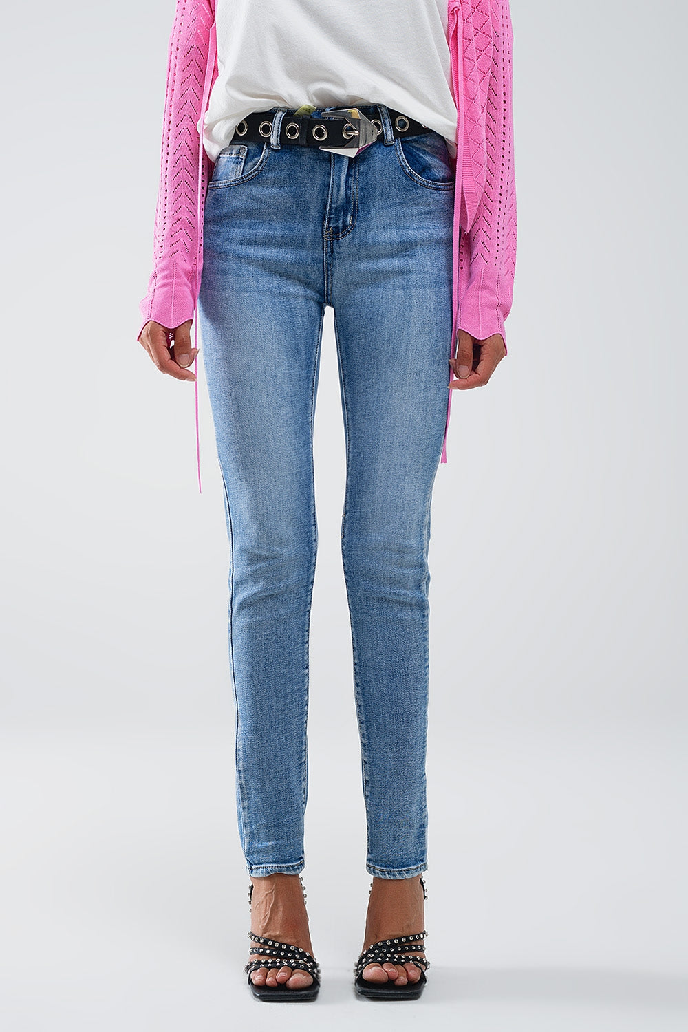 Calças de ganga super skinny de cintura alta em azul vintage stonewash
