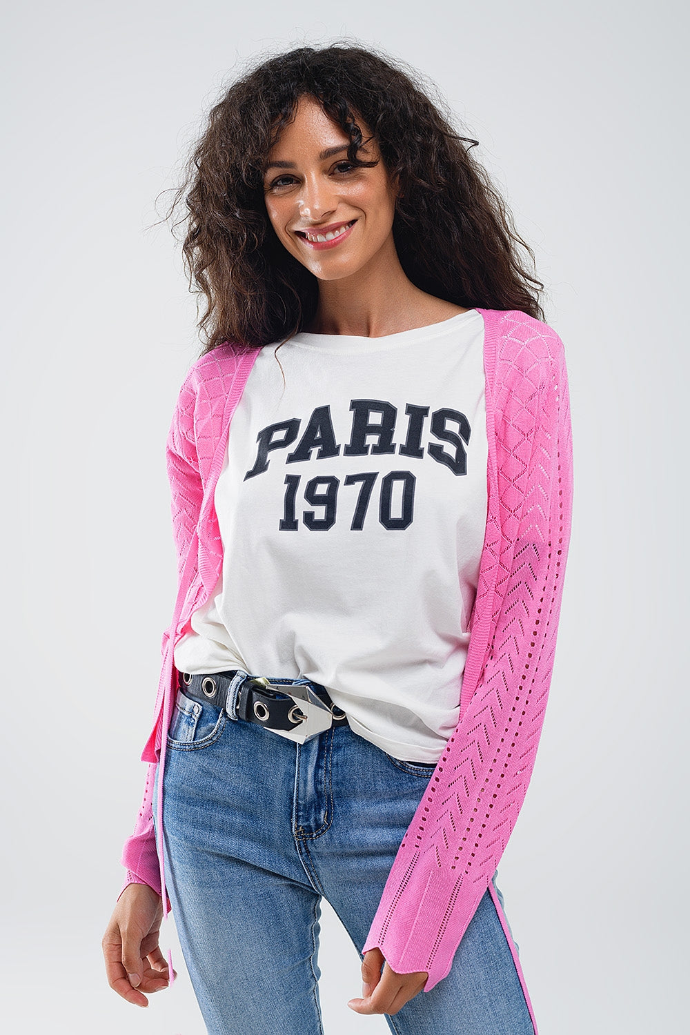 Casaco de malha cor-de-rosa com estampado Argyle e fecho com laço