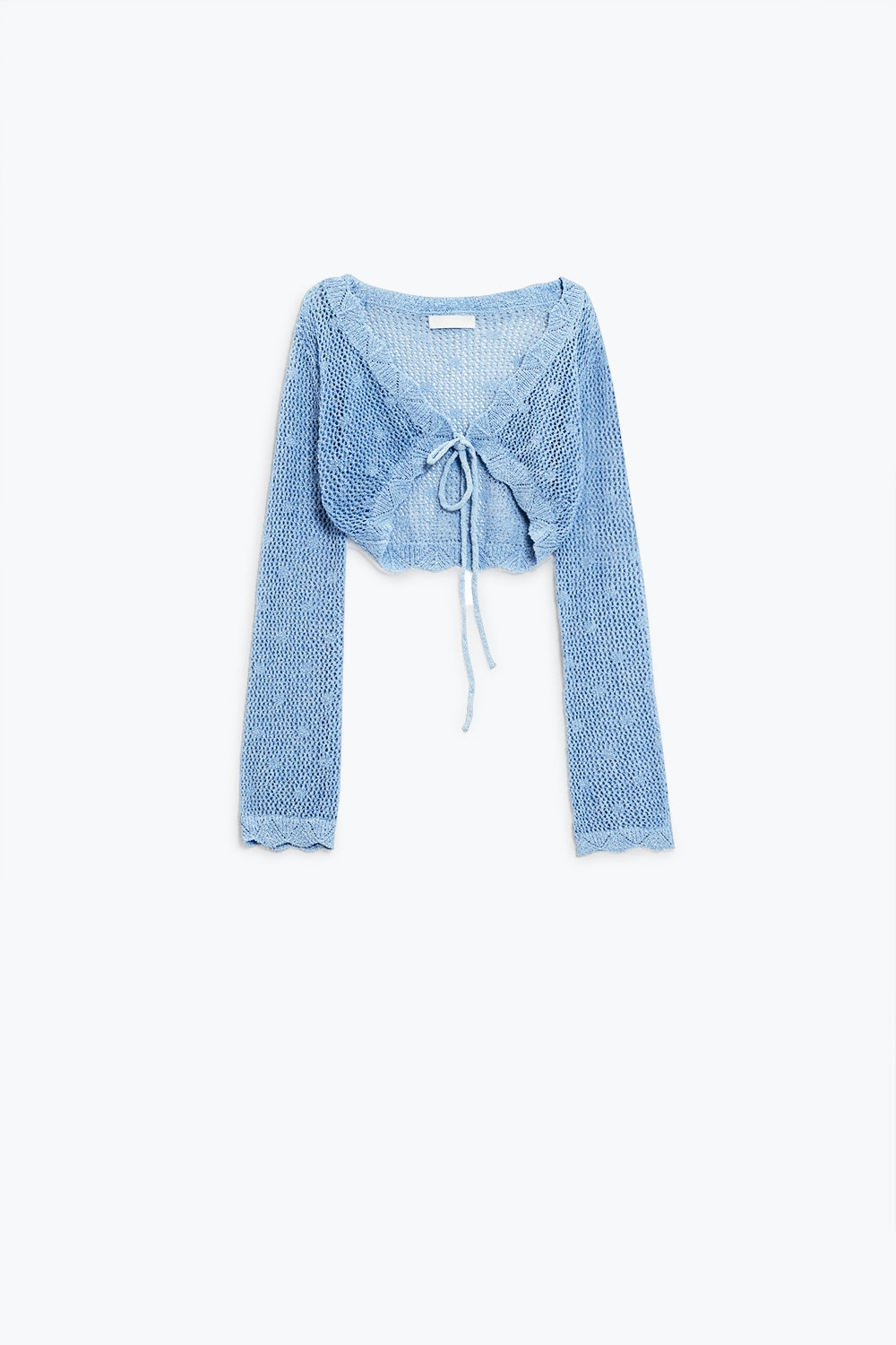 Casaco curto de croché azul com pormenor em lurex