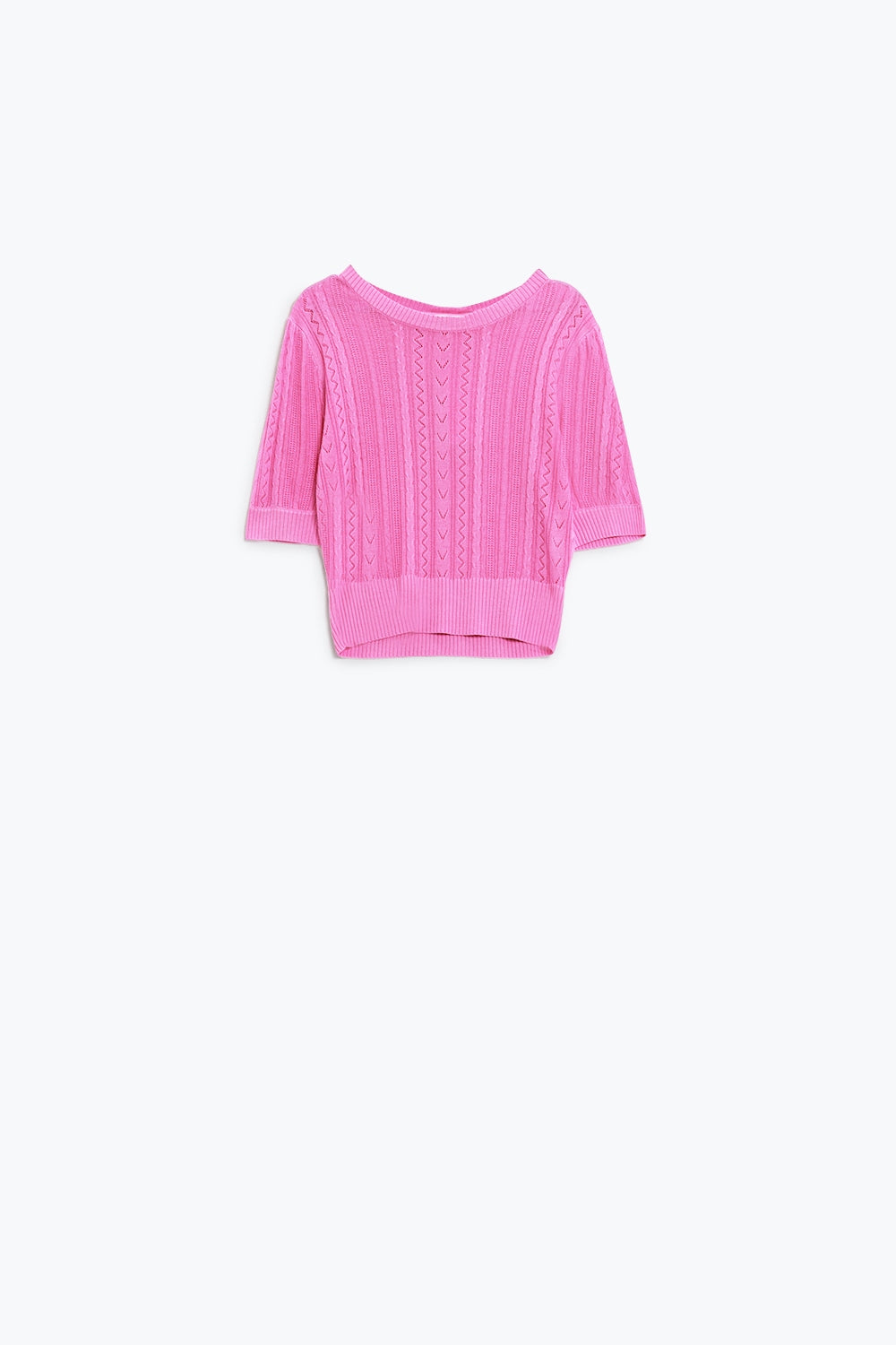 Camisola de malha fúcsia de mangas 3/4 com pormenores de riscas em ziguezague
