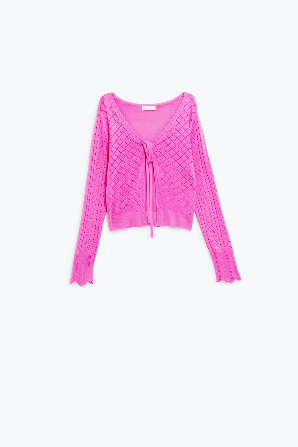 Casaco de malha cor-de-rosa com estampado Argyle e fecho com laço