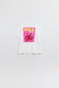 Camiseta Relaxada Branca Ibiza Bohemia Com Estampa Rosa