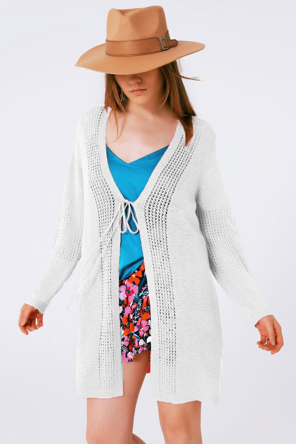 Cardigan de crochê midi com cordão ajustável em Branco