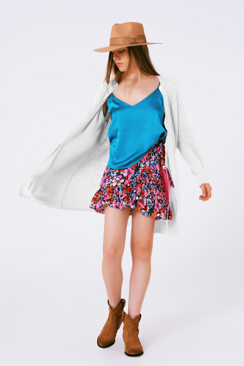 Cardigan de crochê midi com cordão ajustável em Branco