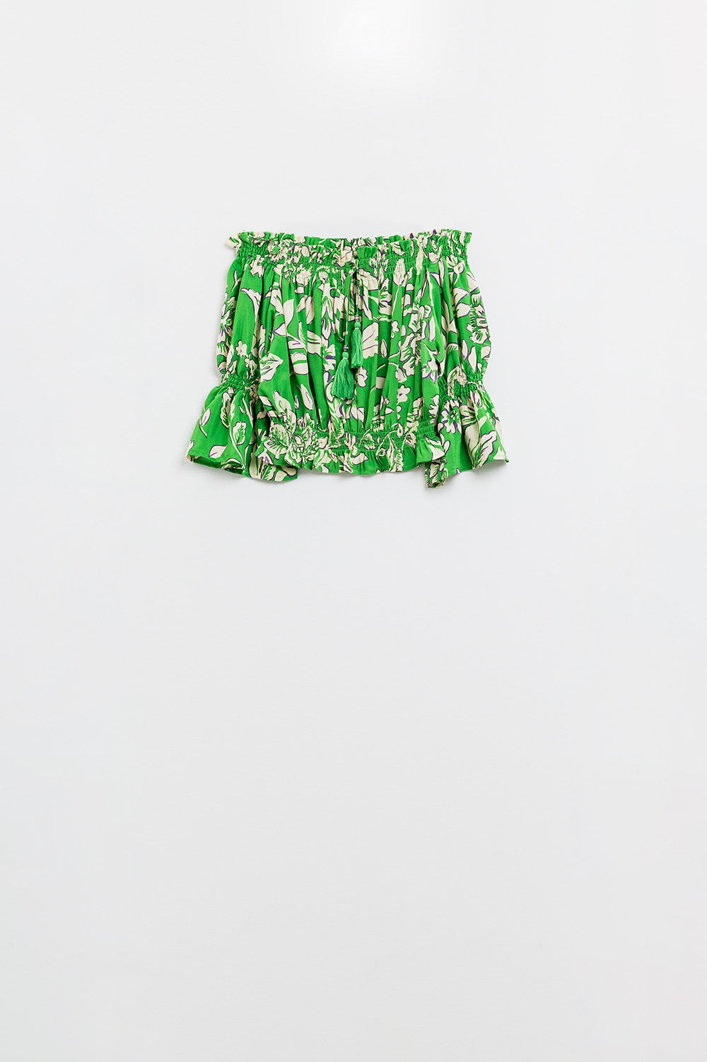 Top verde sem ombros com cintura elástica em estampado floral