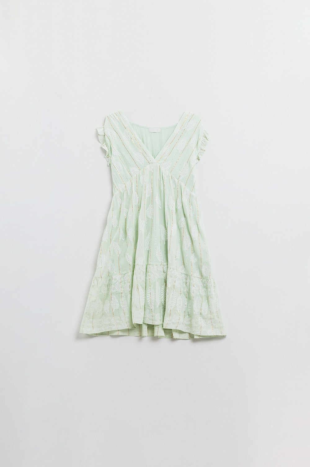 Vestido curto tipo babydoll com estampado de folhas e fio de lurex em menta