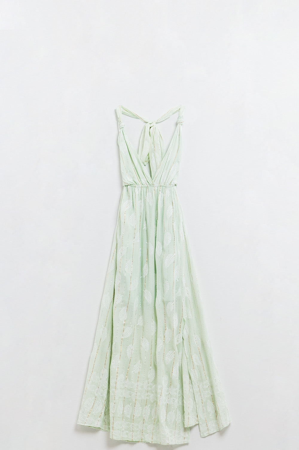 Vestido Midi Halter com estampado de folhas de hortelã e pormenores em lurex