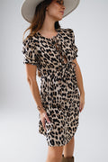 Minivestido de alças com mangas bufantes em estampado leopardo