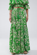 Saia maxi em camadas com estampado floral verde