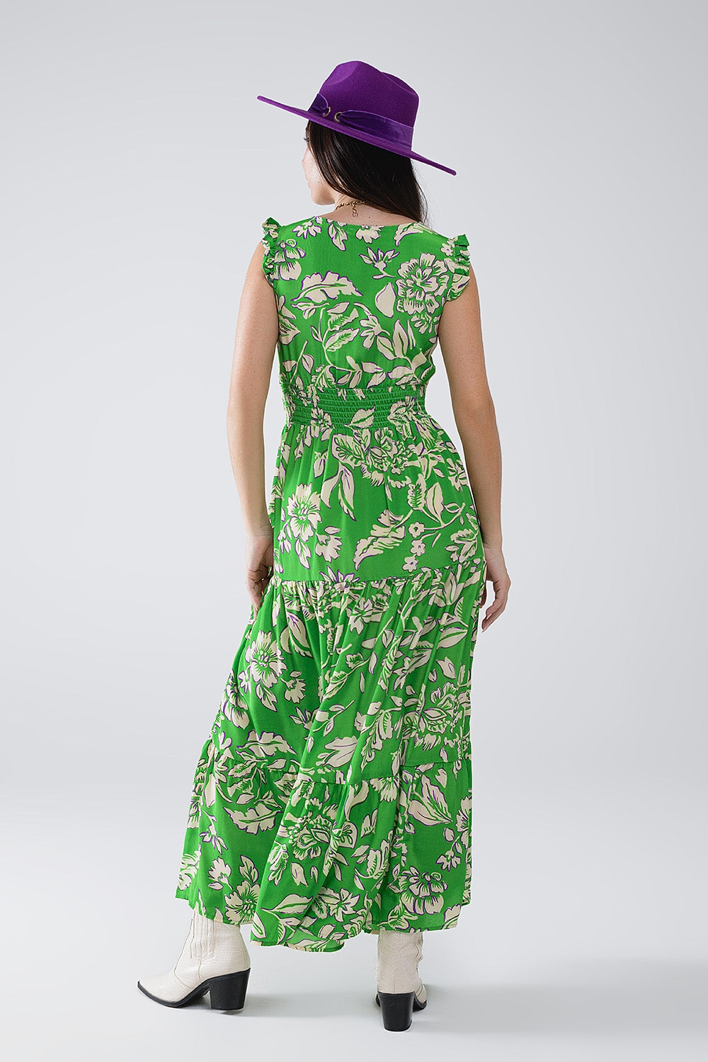 Vestido Maxi Cinched Waist com estampado floral em verde