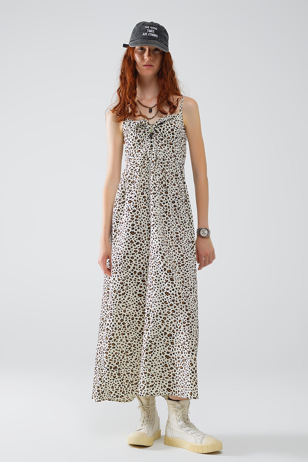 Vestido maxi estampado leopardo com pormenor de nó