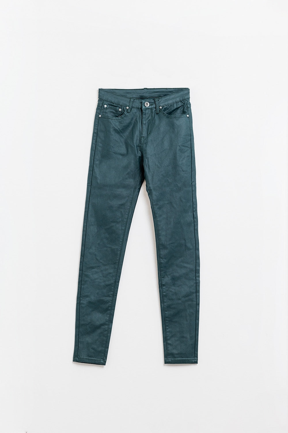 Calças skinny em pele sintética verde-escura